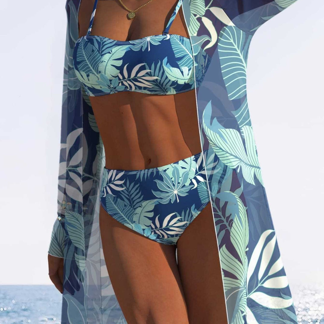 Damen Bikini-Set mit fließendem Strandüberwurf und tropischem Blattmuster R&B