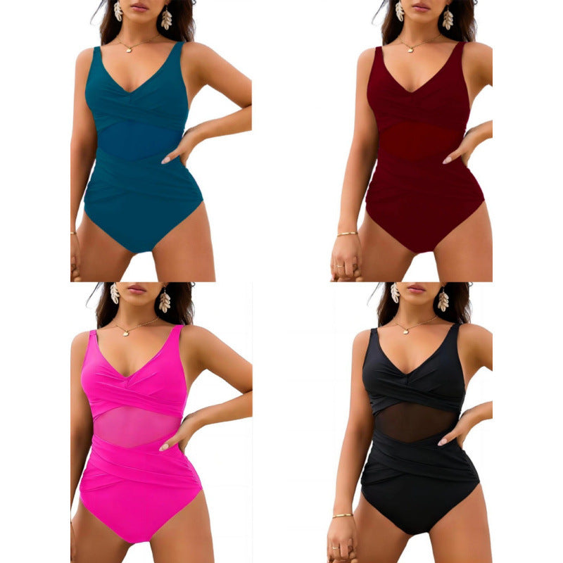 Damen Einteiler Badeanzug mit stylischem Wickel-Design und figurformenden Einsätzen R&B