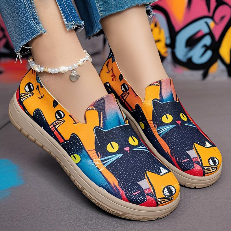 Damen Slip-On Freizeitschuhe mit buntem Katzendesign R&B