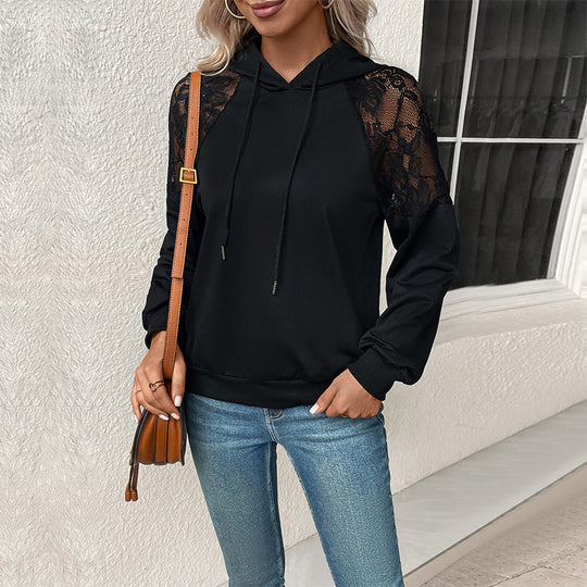 Damen Kapuzensweatshirt mit eleganten Spitzenärmeln und lässigem Schnitt R&B
