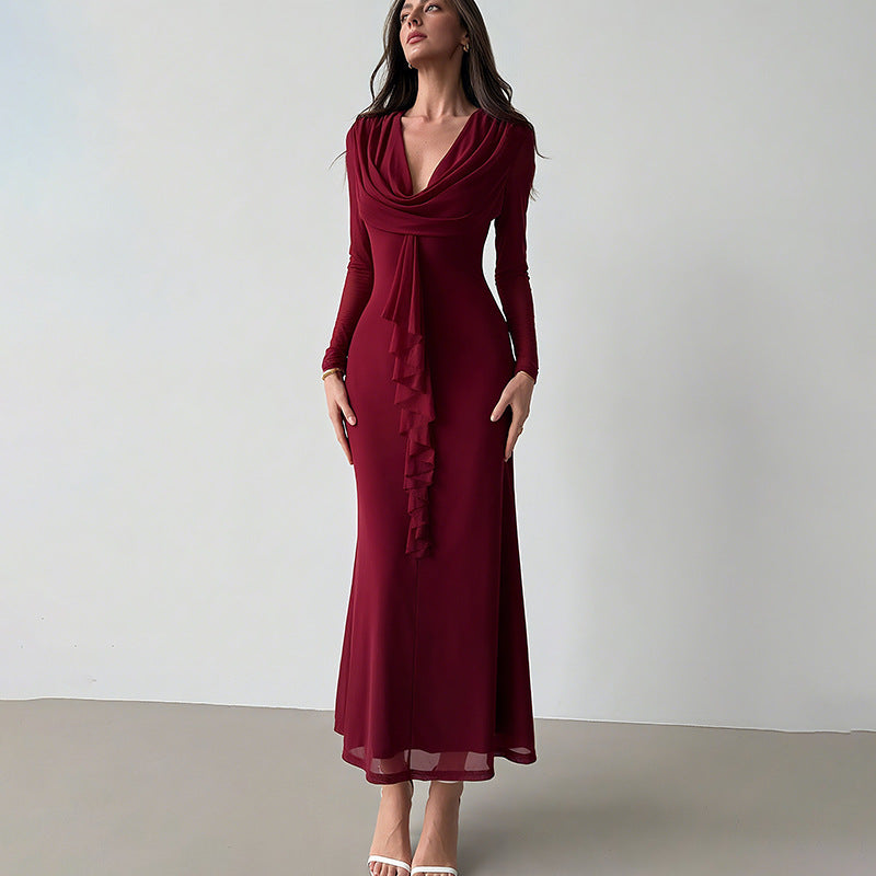 Damen Elegantes Maxikleid mit tiefem V-Ausschnitt und Rüschendetail R&B