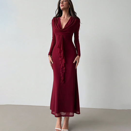 Damen Elegantes Maxikleid mit tiefem V-Ausschnitt und Rüschendetail R&B