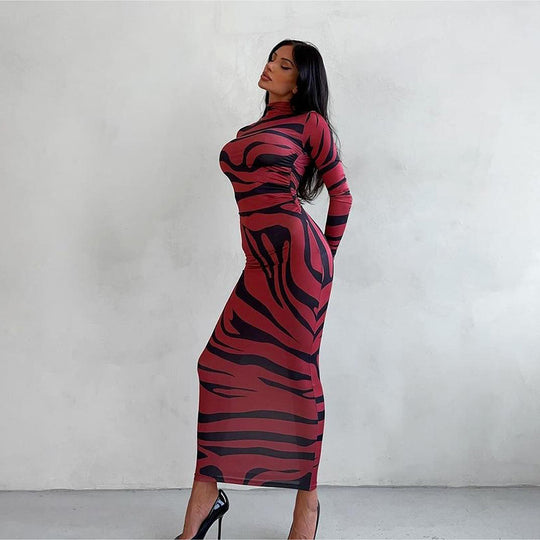 Damen Elegantes transparentes Maxikleid mit Leopardenmotiv und langem Arm R&B