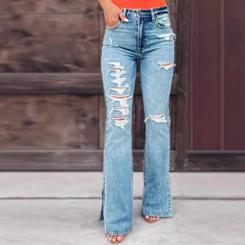 Damen Flared Jeans mit Distressed-Effekten und seitlichen Schlitzen R&B