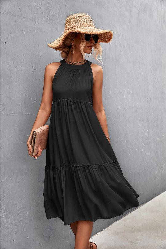 Damen luftiges Sommerkleid mit schwingendem Rock und hohem Hals R&B