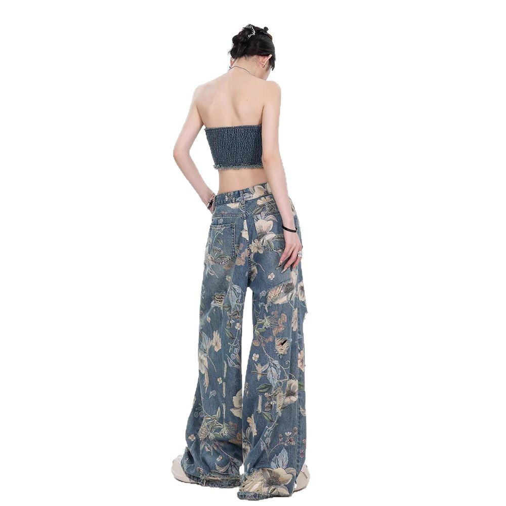 Damen Weit geschnittene Jeans mit floralem Design und schickem Destroyed-Effekt R&B
