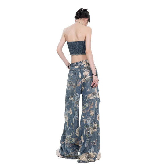 Damen Weit geschnittene Jeans mit floralem Design und schickem Destroyed-Effekt R&B