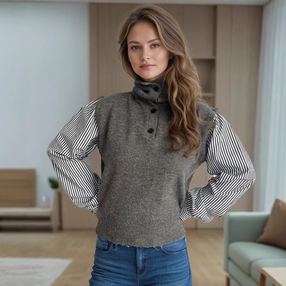 Damen Strickpullover mit modernem Kragen und eleganten gestreiften Ärmeln R&B