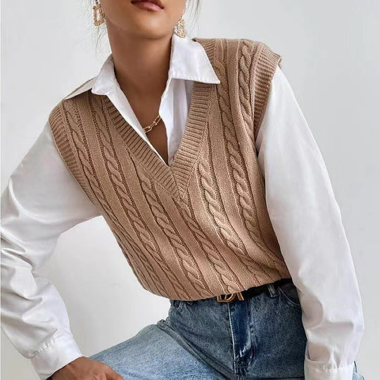 Damen Strickweste mit V-Ausschnitt und Zopfmuster R&B