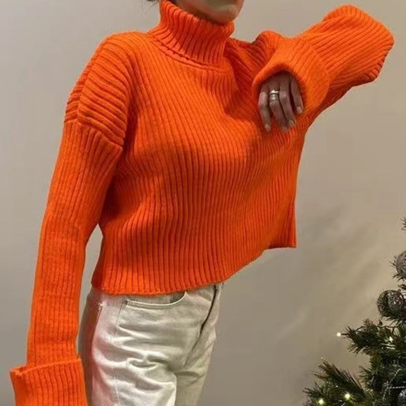Damen Crop-Pullover mit hohem Kragen und asymmetrischem Schnitt R&B