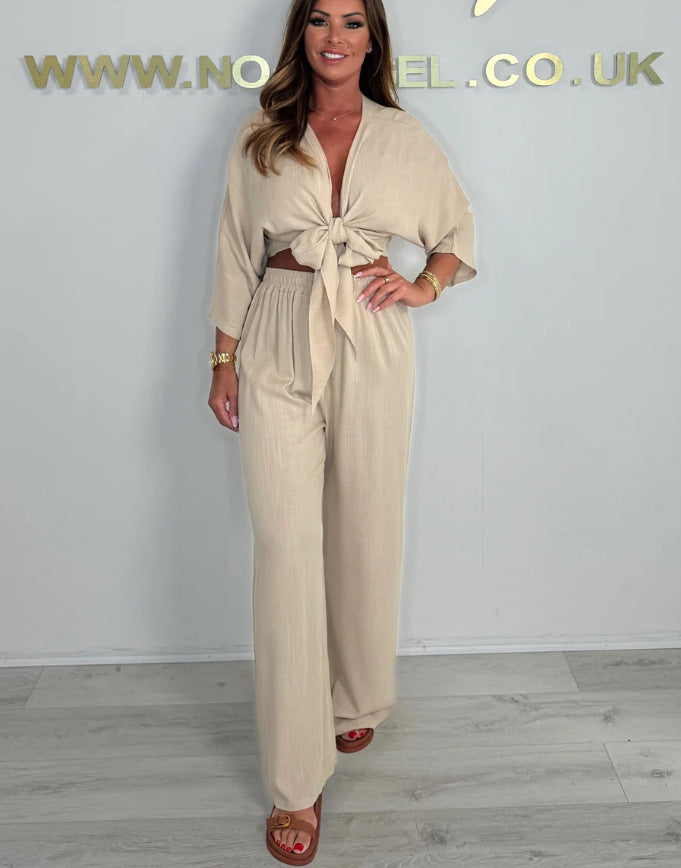 Damen Eleganter Jumpsuit mit verspieltem Knoten und weit geschnittenen Beinen R&B