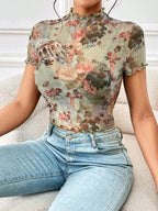 Damen nan figurnahes transparentes Mesh-Top mit barockem Engeldruck, Stehkragen und Kräuselsaum R&B