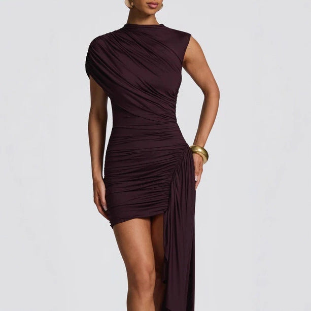 Damen figurbetontes Minikleid mit asymmetrischem Schulterdesign und Drapierung R&B