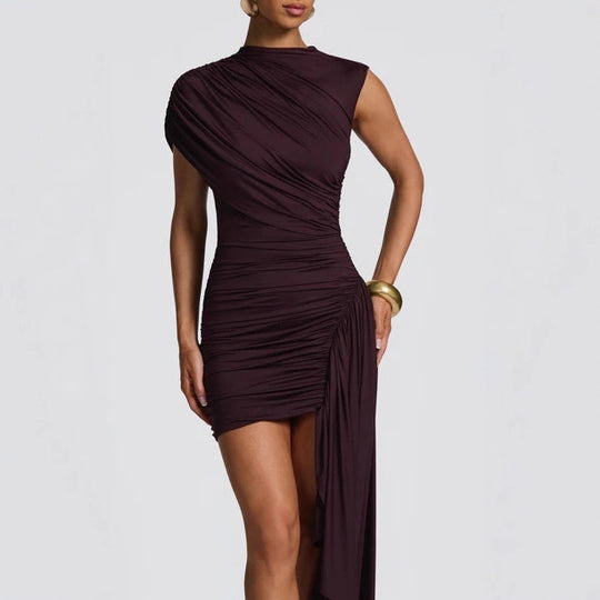 Damen figurbetontes Minikleid mit asymmetrischem Schulterdesign und Drapierung R&B