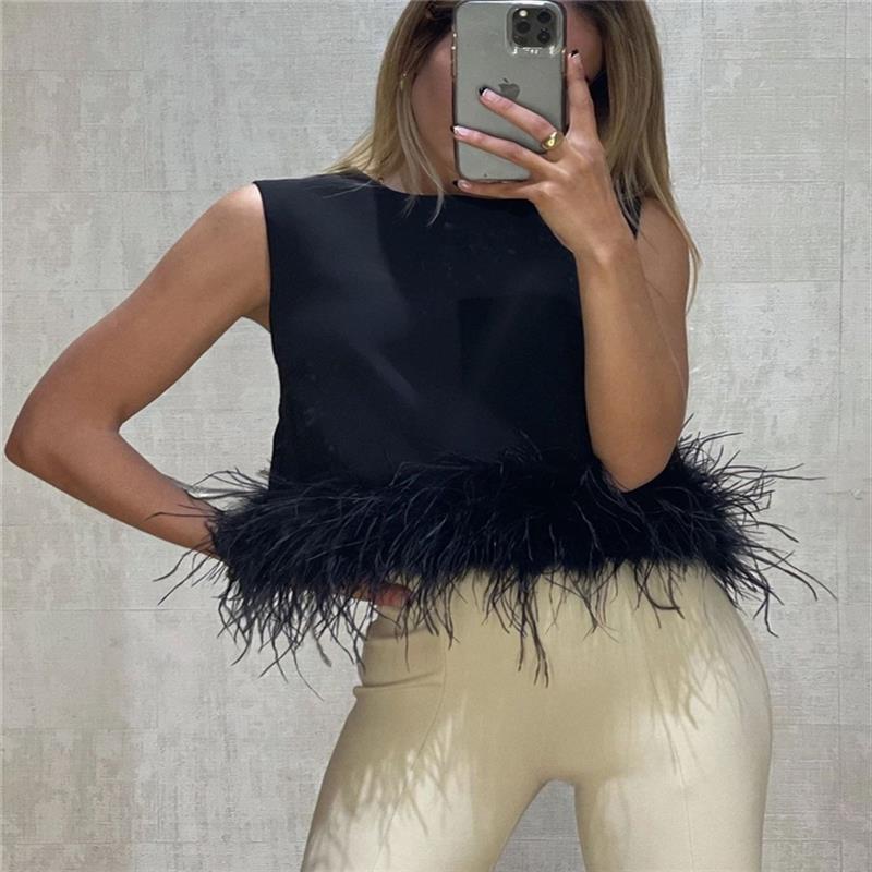 Damen Elegantes Top mit Federn und Rundhalsausschnitt R&B