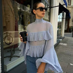 Damen Rüschenbluse mit weiten Ärmeln und elegantem Stehkragen R&B