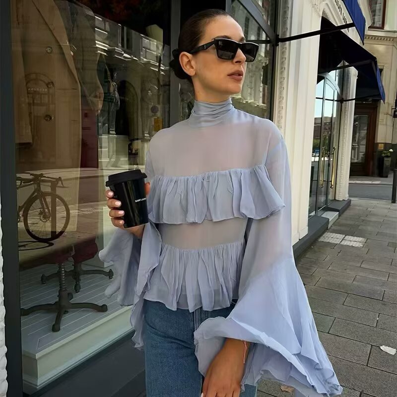 Damen Rüschenbluse mit weiten Ärmeln und elegantem Stehkragen R&B