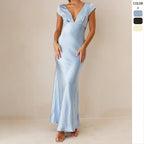 Damen Elegantes Maxikleid mit Tiefem V-Ausschnitt und Fliessendem Satin-Finish R&B
