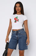Damen Kurzarm Crop-Top mit fruchtigem Motiv und figurbetontem Schnitt R&B