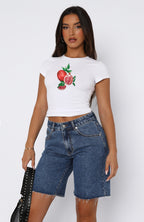 Damen Kurzarm Crop-Top mit fruchtigem Motiv und figurbetontem Schnitt R&B
