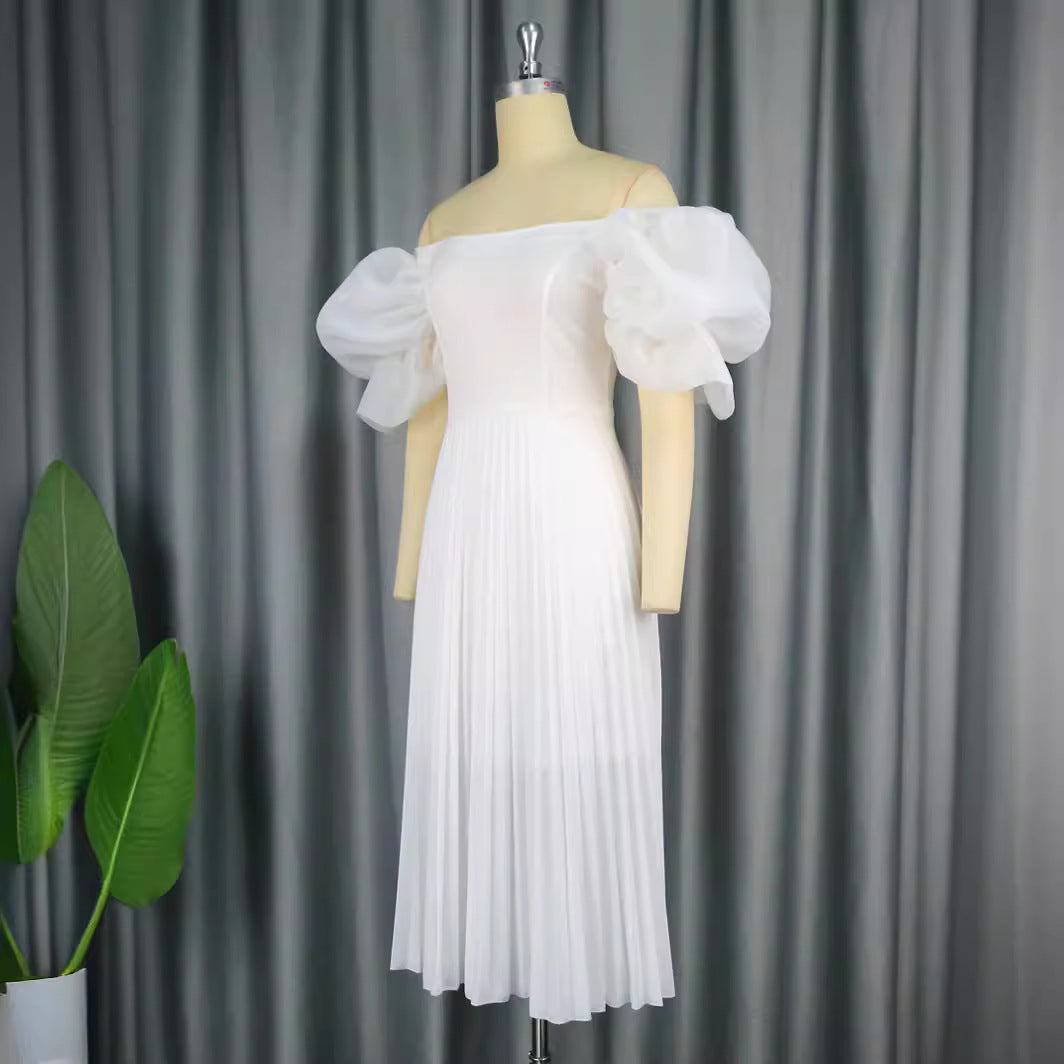Damen elegantes Midikleid mit Puffärmeln und plissiertem Rock R&B