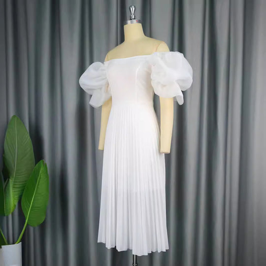 Damen elegantes Midikleid mit Puffärmeln und plissiertem Rock R&B