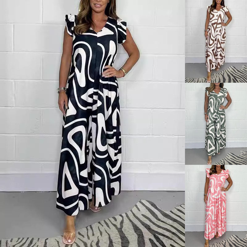 Damen Maxikleid mit kreativem grafischen Muster und Rüschen R&B