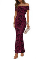 Damen elegantes Off-Shoulder Maxikleid mit floralem Muster und elastischem Einsatz R&B