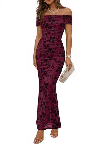 Damen elegantes Off-Shoulder Maxikleid mit floralem Muster und elastischem Einsatz R&B