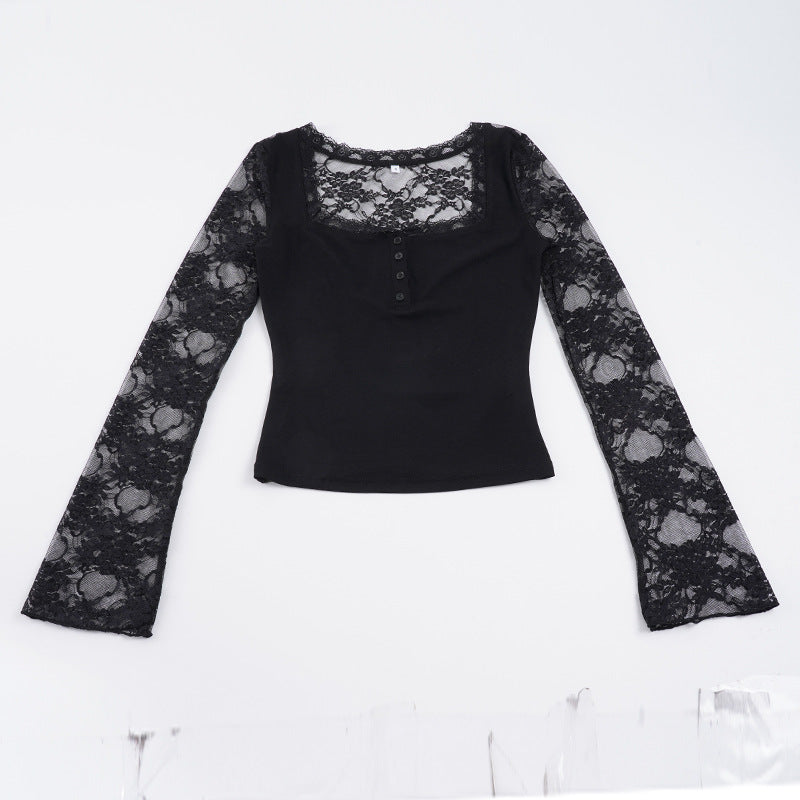 Damen Elegantes Langarmshirt mit Spitze und Knopfdetails R&B