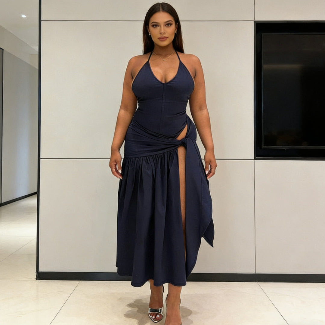 Damen Elegantes Bodenkleid mit Wickeldesign und Raffungen R&B