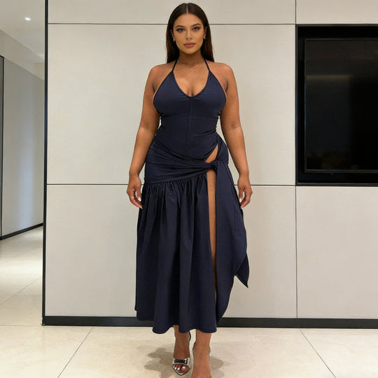 Damen Elegantes Bodenkleid mit Wickeldesign und Raffungen R&B