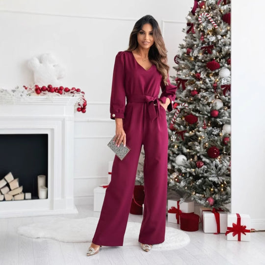Damen Eleganter Jumpsuit mit taillierbarem Gürtel und V-Ausschnitt R&B