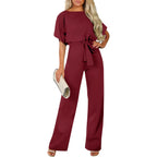 Damen langer Jumpsuit mit innovativem Bindegürtel und angeschnittenen Ärmeln R&B