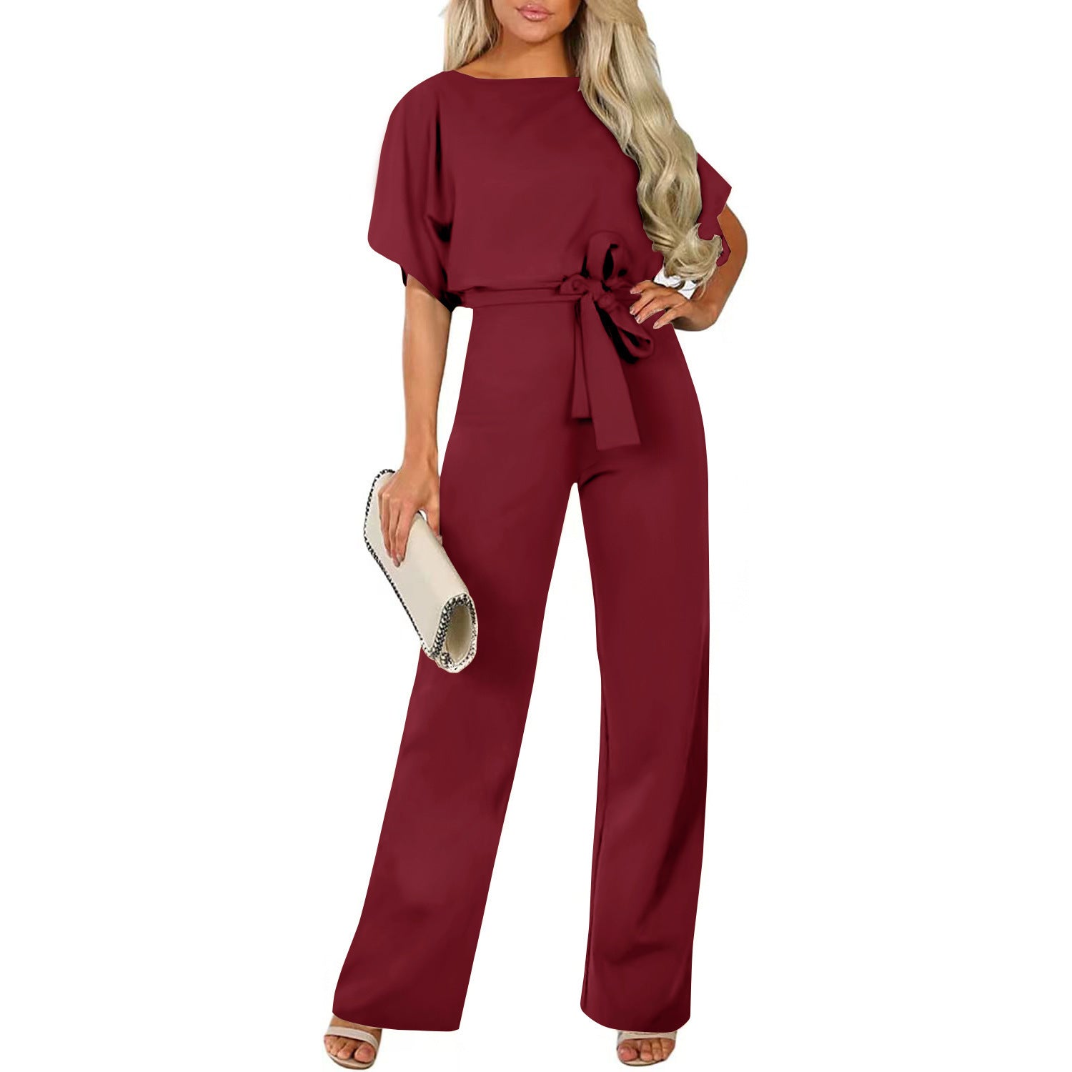 Damen langer Jumpsuit mit innovativem Bindegürtel und angeschnittenen Ärmeln R&B