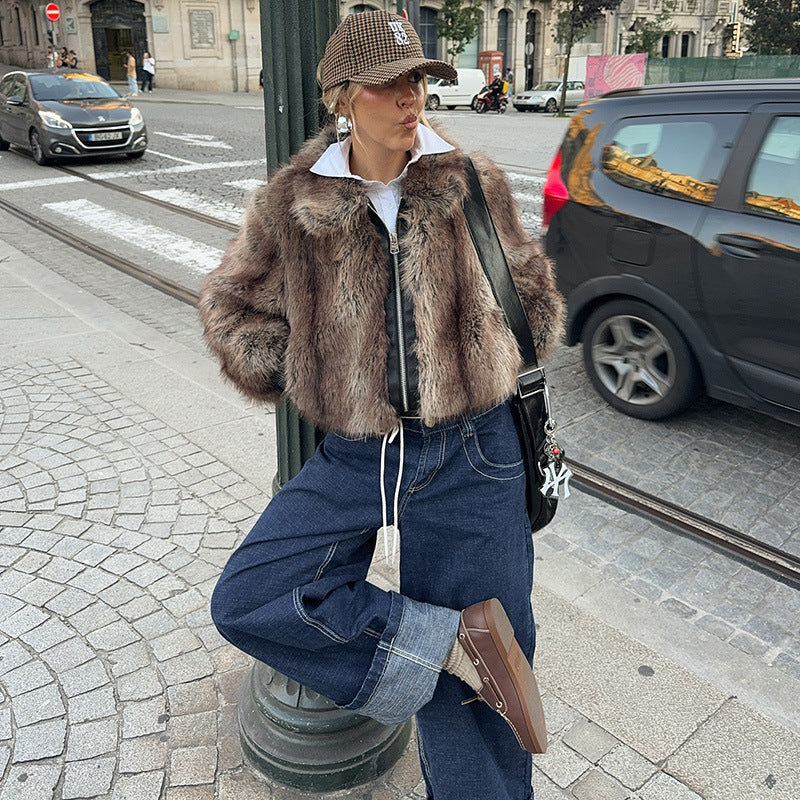 Damen Kunstpelzjacke im modernen Cropped-Stil R&B
