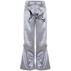 Damen Satin-Hosen mit dekorativem Grafikdruck und weitem Bein R&B