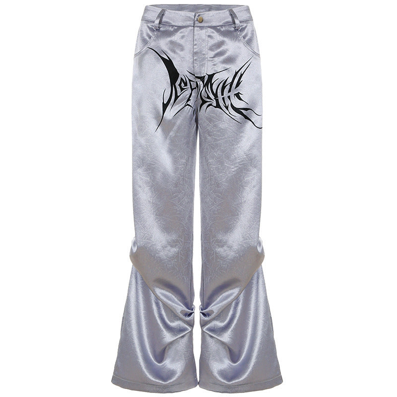 Damen Satin-Hosen mit dekorativem Grafikdruck und weitem Bein R&B
