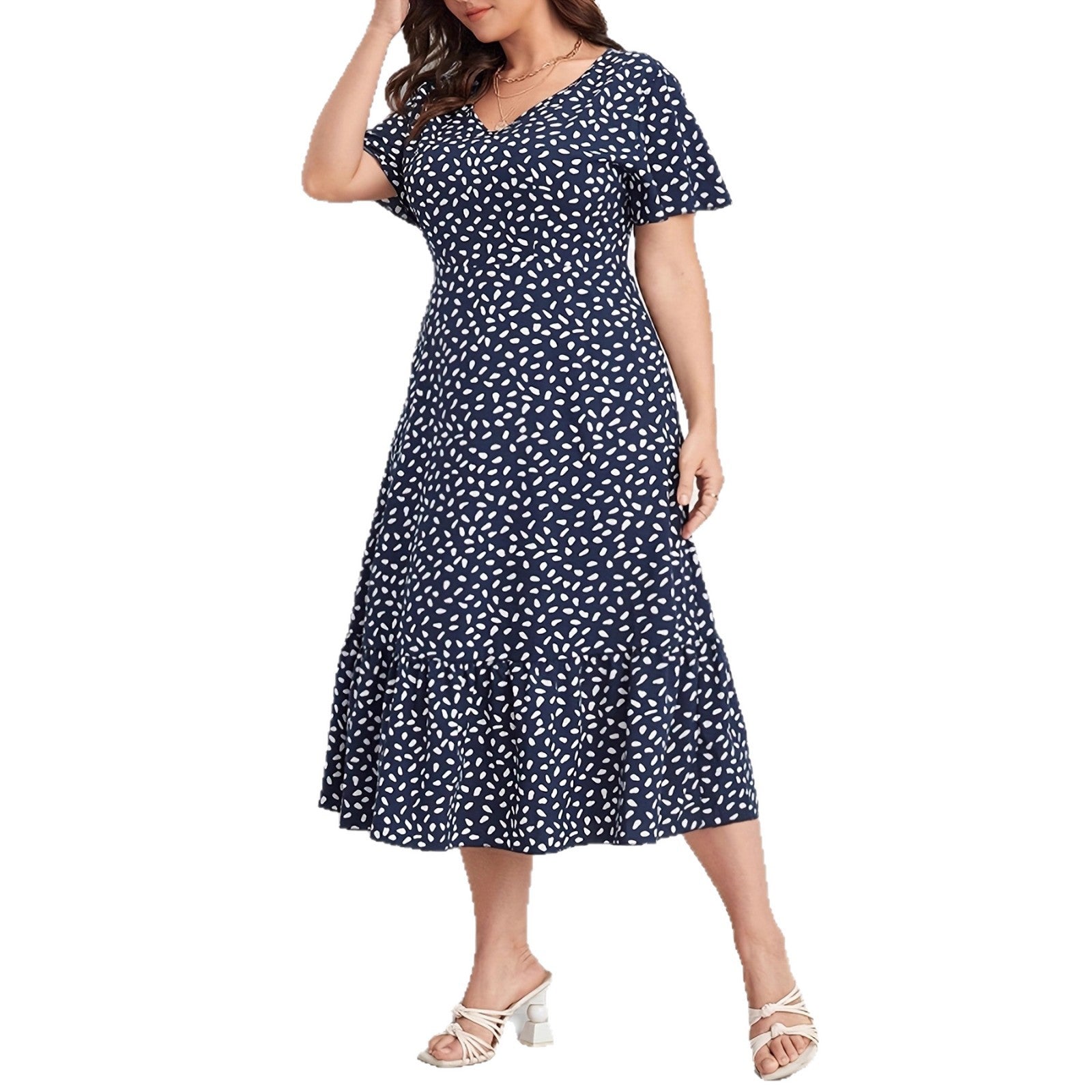 Damen Midi-Kleid mit fließendem Schnitt und verspieltem Muster R&B