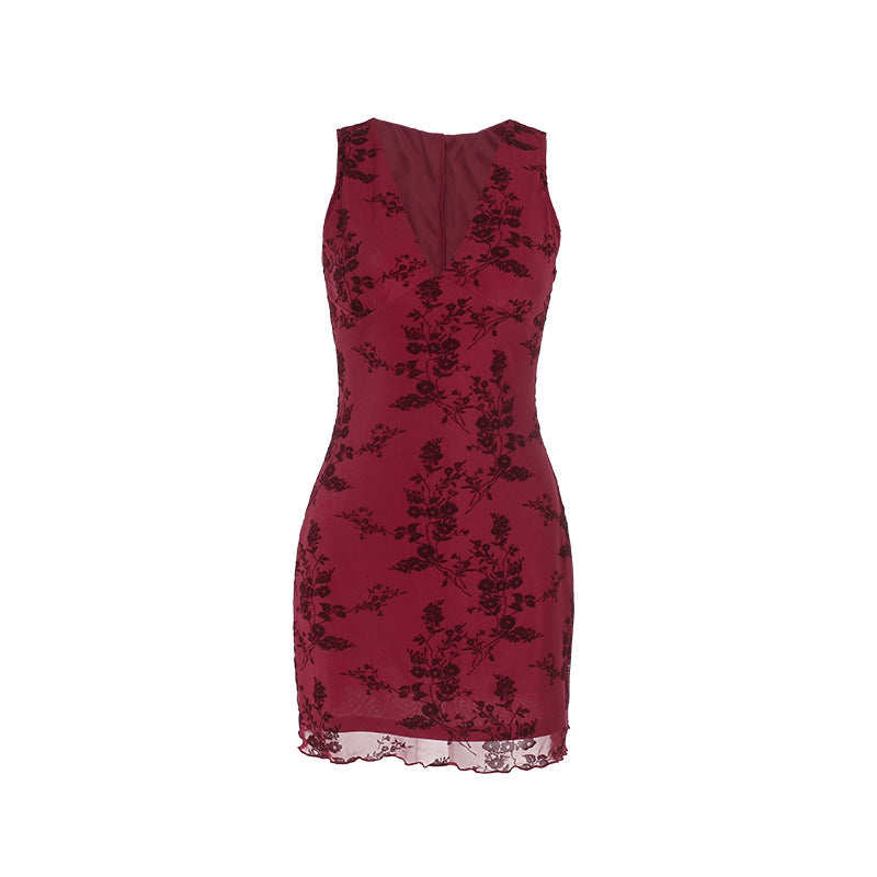 Damen figurbetontes Minikleid mit floralen Applikationen und tiefem V-Ausschnitt R&B