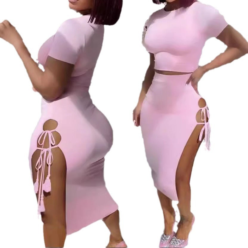 Damen elegantes Midi-Kleid mit verspielten Cut-Outs und dekorativen Fransen R&B