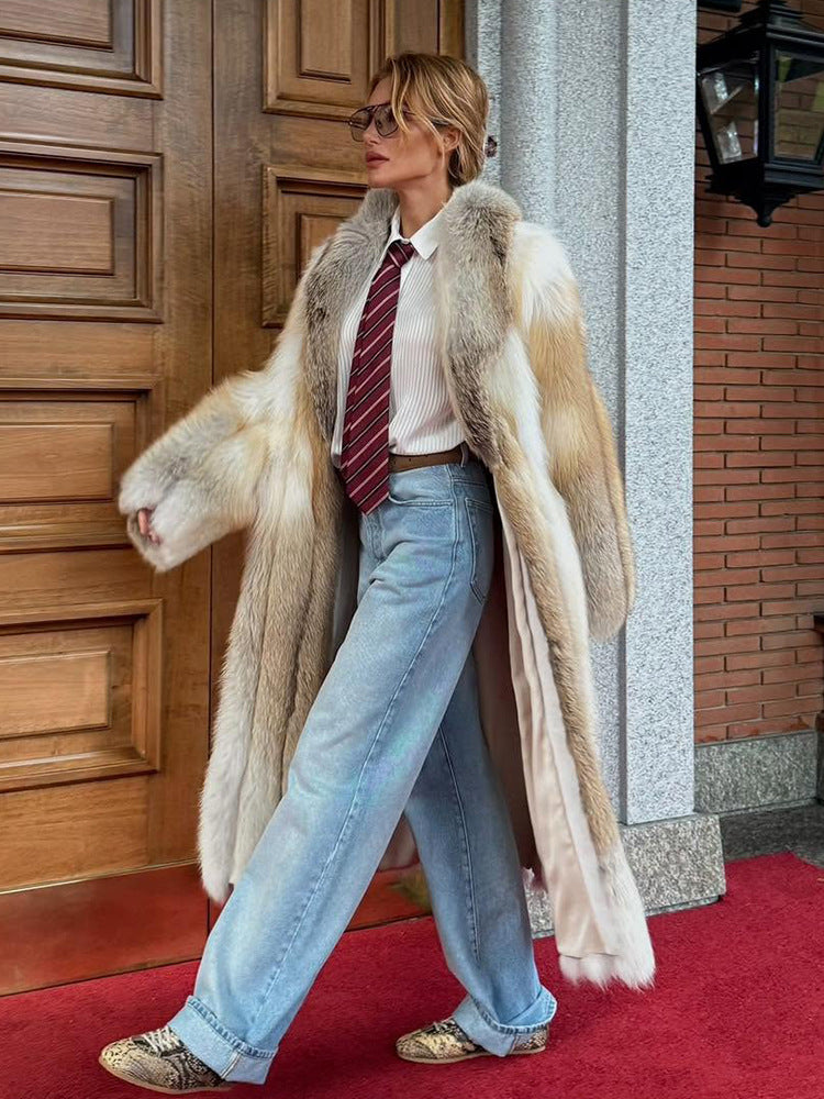 Damen eleganter Langhaarmantel aus Kunstfell R&B