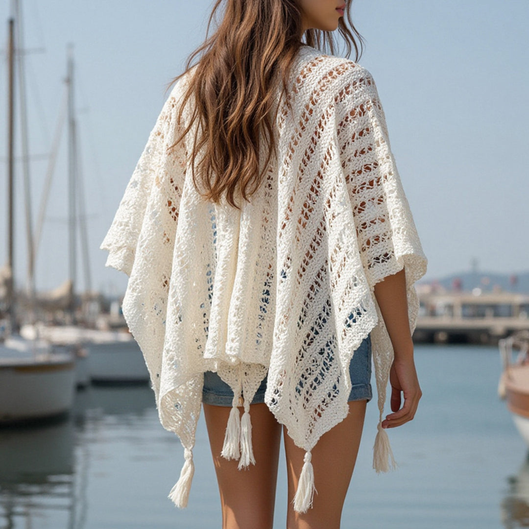 Damen luftiger Strickponcho mit Fransen R&B