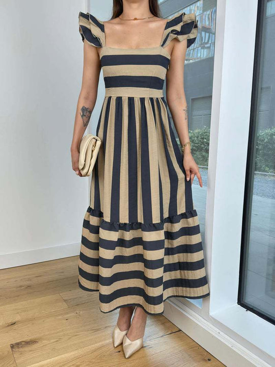 Damen Maxi-Kleid mit verspieltem Streifenmuster und Rüschendetails R&B