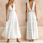 Damen elegantes Maxikleid mit Spitzenakzenten und tiefer Rückenpartie EB