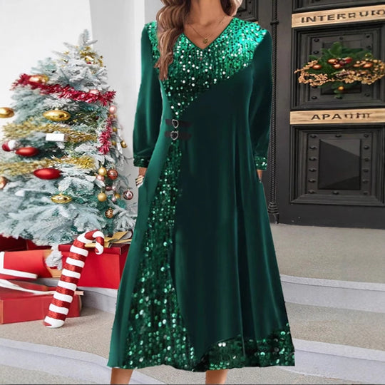 Damen nan festliches Pailletten-Panel-Maxikleid mit V-Ausschnitt langen Ärmeln und dekorativen Taillengurten R&B