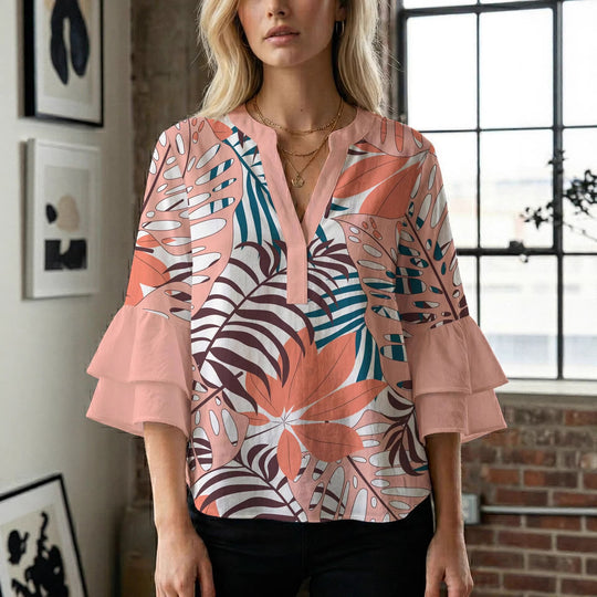 Damen Blusenshirt mit voluminösen Ärmeln und kreativem Druckdesign R&B