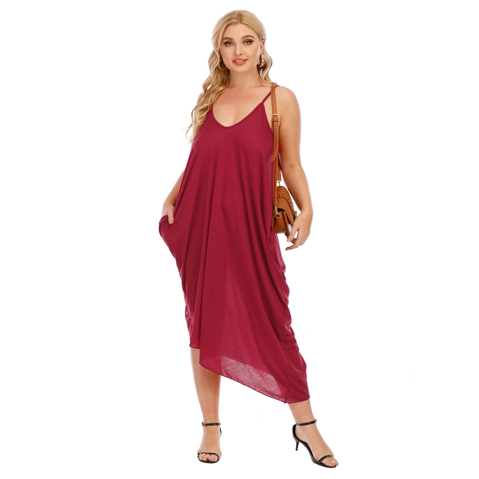 Damen lässiges Maxikleid mit tiefem V-Ausschnitt und Seitentaschen R&B