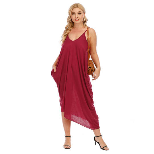 Damen lässiges Maxikleid mit tiefem V-Ausschnitt und Seitentaschen R&B