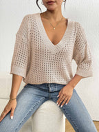 Damen luftiger Strickpullover mit V-Ausschnitt und dekorativem Lochmuster R&B
